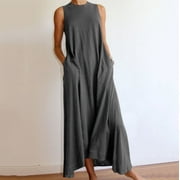 POTETI Sundresses for Women Gray Boho Dress Summer Sleeveless Casual Crew Neck Dresses Solid Color Dress Juniors Sundress